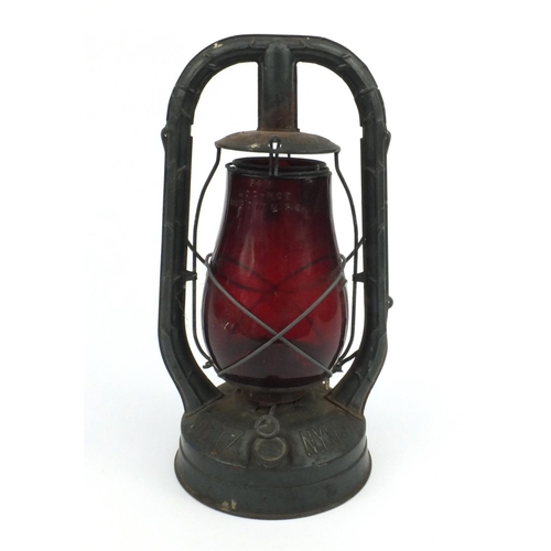 241 - Dietz American railway lantern with red glass shade, 'Property of the Detroit Edison Co, New York, U... 