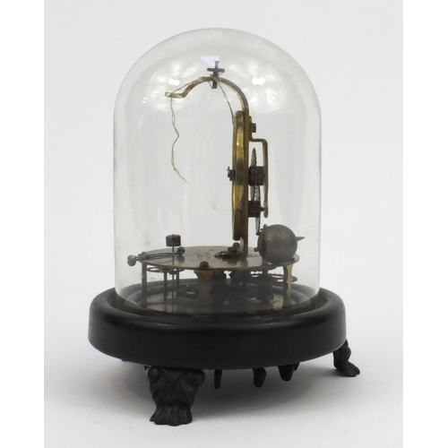 1307 - Victorian brass pendulum clock under a glass dome, Pat Aug 1855 , 19cms including the dome