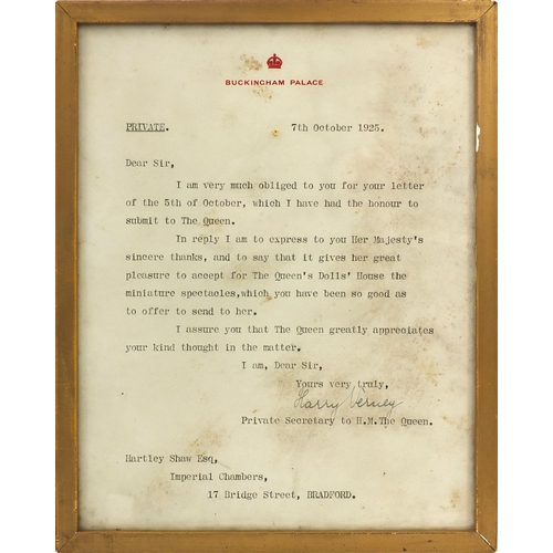 262 - Two framed Private Buckingham Palace 1925 letters signed by The Secretary to the Queen regarding a m... 