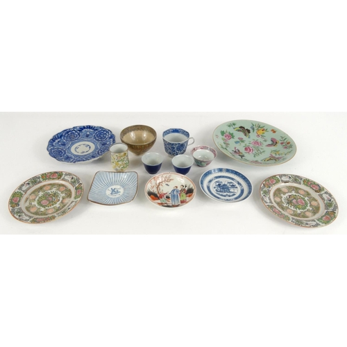 442 - Oriental china including Satsuma bowl, enamelled plate decorated with butterflies and flowers, tea b... 