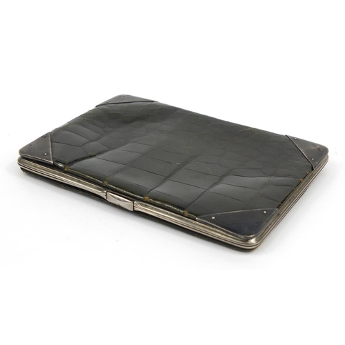 194 - Gentleman's green stained crocodile effect leather wallet with silver corners, 14cms x 10cms