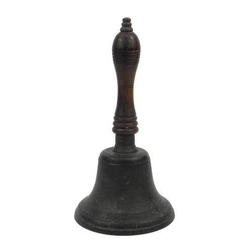 35 - Victorian wooden handled bronze school bell, 30cms high
