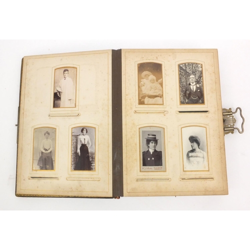 252 - Edwardian leather bound musical cabinet card album containing assorted family photographs, 30cm x 25... 