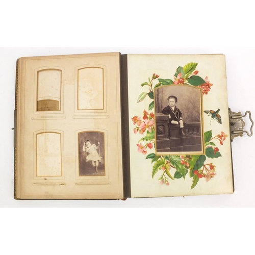 252 - Edwardian leather bound musical cabinet card album containing assorted family photographs, 30cm x 25... 