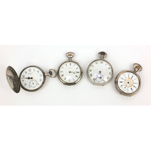 1295 - Three gentleman's silver open faced pocket watches and a silver full hunter Longines pocket watch