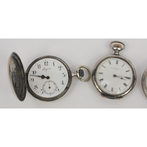 1295 - Three gentleman's silver open faced pocket watches and a silver full hunter Longines pocket watch