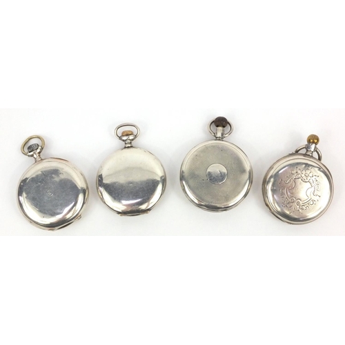 1295 - Three gentleman's silver open faced pocket watches and a silver full hunter Longines pocket watch