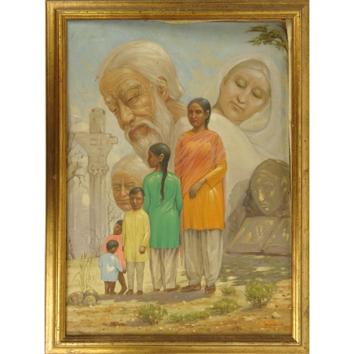 531 - Oil onto board view of Indian figures, gilt framed, 70cm x 50cm excluding the frame