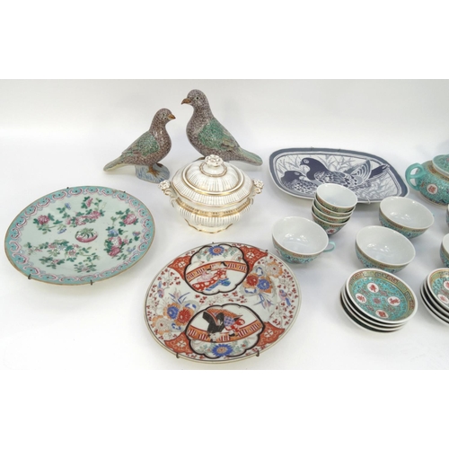 280 - Box of oriental china including an enamelled tea service, pair of stoneware birds, etc