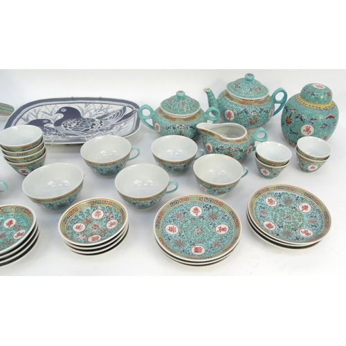 280 - Box of oriental china including an enamelled tea service, pair of stoneware birds, etc