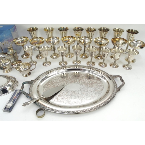 288 - Large selection of silver plated goblets and other items including tea service and tray