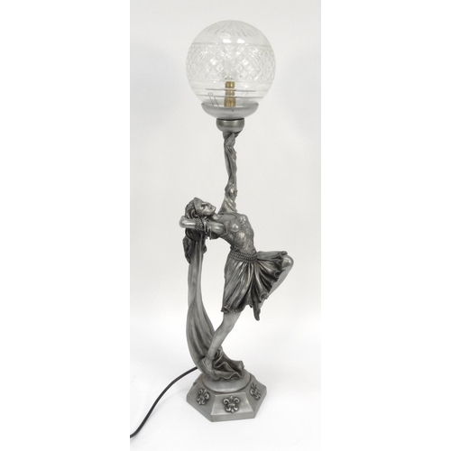 78 - Decorative Art Deco style figural table lamp with globular cut glass shade, 69cm high