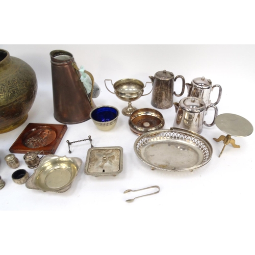 219 - Box of metalwares including silver plated teapots, miniature Victorian brass snap top table, large b... 