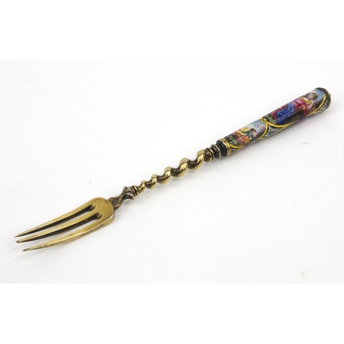 200 - Continental unmarked silver fork the handle enamelled with classical scenes of figures, 17cms long