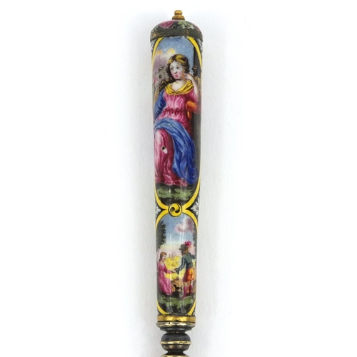 200 - Continental unmarked silver fork the handle enamelled with classical scenes of figures, 17cms long