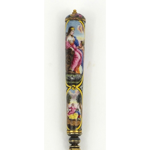 200 - Continental unmarked silver fork the handle enamelled with classical scenes of figures, 17cms long