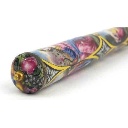 200 - Continental unmarked silver fork the handle enamelled with classical scenes of figures, 17cms long