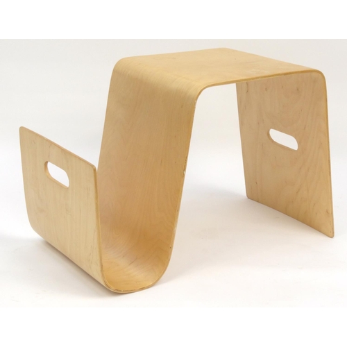 2059 - Designer bent plywood stool with magazine rack, with impressed marks, 44cm tall