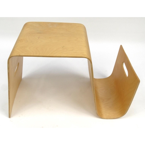 2059 - Designer bent plywood stool with magazine rack, with impressed marks, 44cm tall