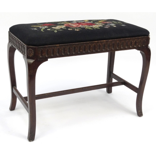 2057 - Carved oak stool with floral tapestry seat, 46cm high x 63cm long x 35cm deep