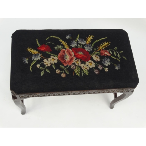 2057 - Carved oak stool with floral tapestry seat, 46cm high x 63cm long x 35cm deep