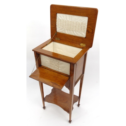 2023 - Oak sewing work box with lift up top revealing a lined interior, 77cm high x 40cm wide x 30cm deep