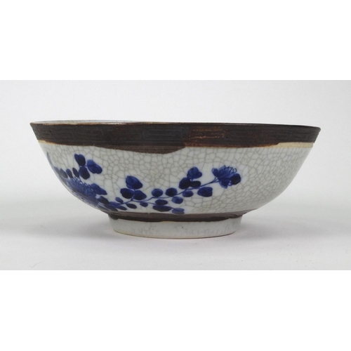 545 - Oriental Chinese crackle glazed pottery bowl hand painted with birds and flowers, 20cm diameter
