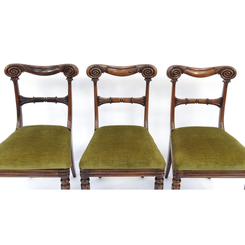 2011 - Three George IV rosewood dining chairs with green upholstered seats