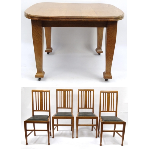 2028 - Arts and Crafts oak dining table with curved corners, together with four chairs, the table 106cm squ... 