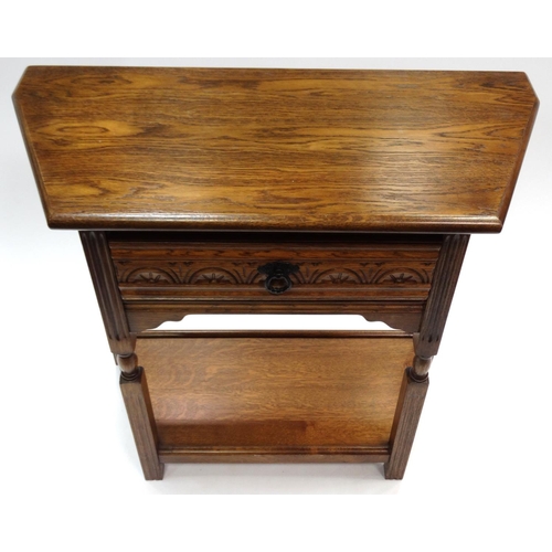 35 - Carved oak credence table fitted with a frieze drawer, 73cm high x 80cm wide x 37cm deep