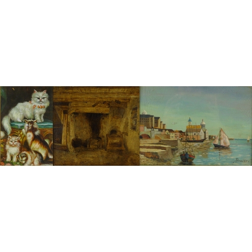 443 - Three oil paintings of a harbour, barn interior and one of cats