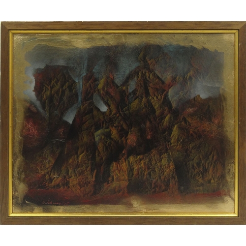 447 - Decorative abstract composition of figures on horseback, bearing a signature H. Schwab, framed