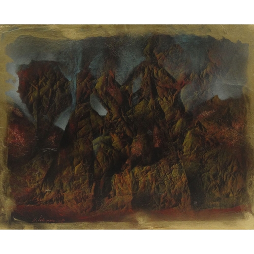 447 - Decorative abstract composition of figures on horseback, bearing a signature H. Schwab, framed