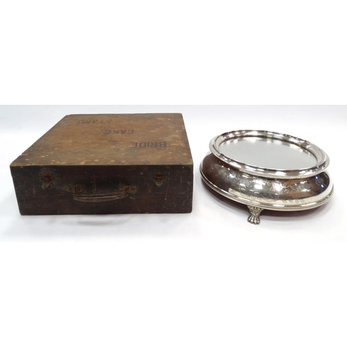 472 - Silver plated cake stand raised on paw feet with floral chased decoration, housed in original box, 4... 