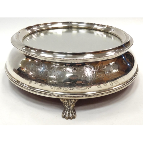 472 - Silver plated cake stand raised on paw feet with floral chased decoration, housed in original box, 4... 