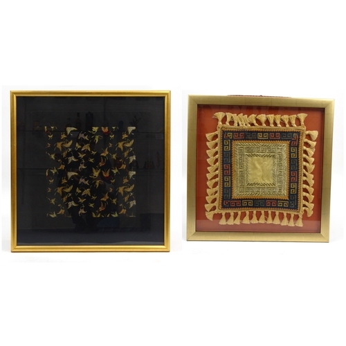 529 - Two framed silkwork panels, the larger 69cm square overall