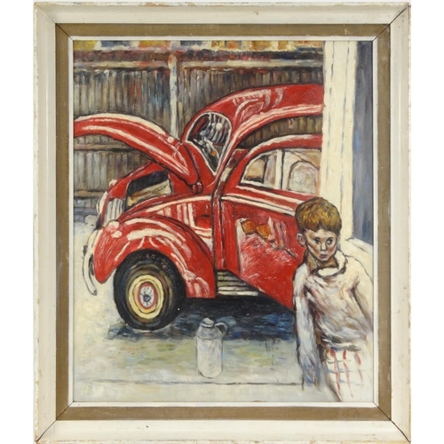 445 - Modern British oil onto board view of a young boy before a car, framed, 60cm x 49cm excluding the fr... 