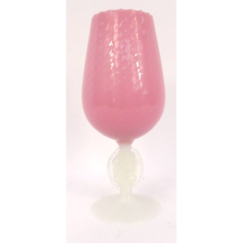 430 - Decorative Vaseline pink glass vase, Maiden head stem, 33cm high