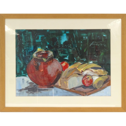 40 - Julie Emsley - Gouache onto paper of a still life scene, mounted in a contemporary light oak frame, ... 