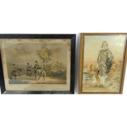 265 - Four Edwardian Orme hunting engravings, 13th Light Dragoons engraving and a tapestry