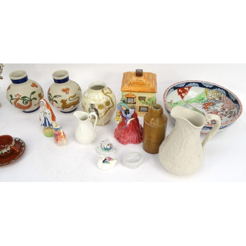 279 - Box of assorted china and glassware including Parian jugs, oriental fruit bowl, cottage ware biscuit... 