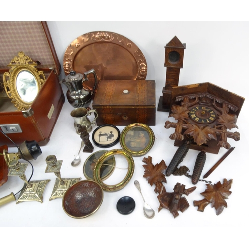 286 - Box of wooden and metal items including cuckoo clock, Art Nouveau copper tray, silver plated coffeep... 