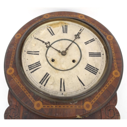 264 - Inlaid wall hanging clock with Waterbury Clock Co label to the interior, 70cm long