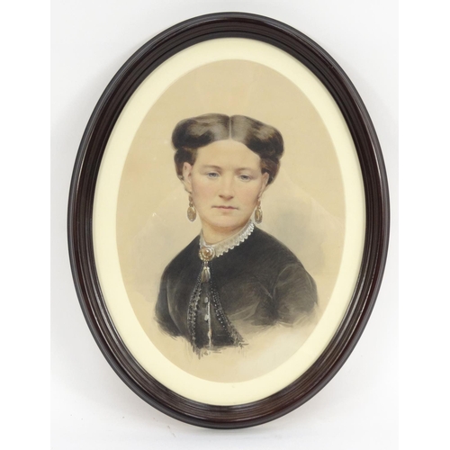 166 - Oval watercolour portrait of a lady, 34cm x 24cm