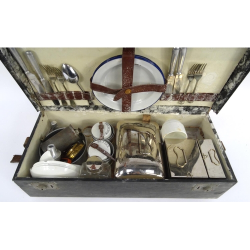 225 - Vintage picnic set with various containers, enamelled plates, etc