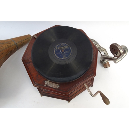 121 - Octagonal mahogany gramophone with brass horn