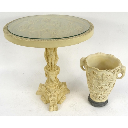 104 - Decorative oriental resin occasional table with figure, elephant and lion support, together with a s... 