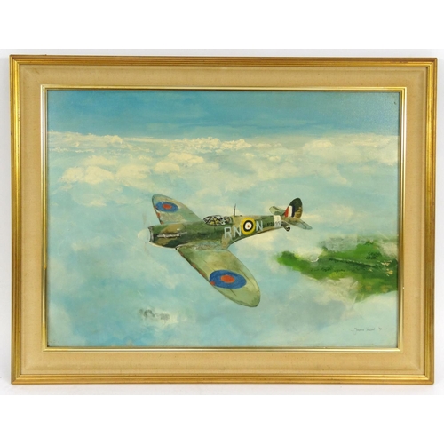 767 - Jerence Wilson - Military interest oil onto canvas of an aeroplane, gilt framed, 60cm x 43cm excludi... 