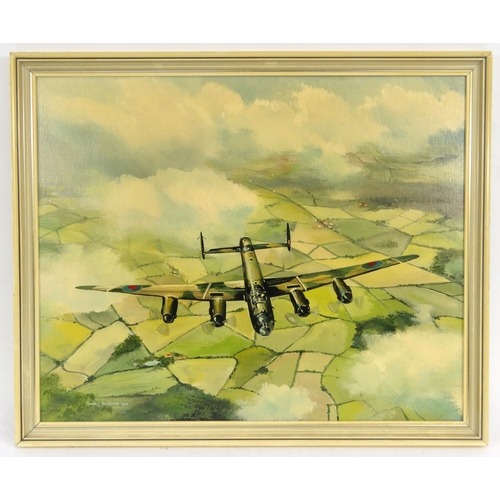 769 - Derek C. Baulcomb - Military interest oil onto board of military aircraft flying over fields, dated ... 