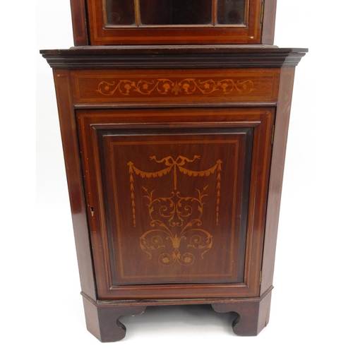 15 - Edwardian inlaid mahogany corner cabinet fitted with a glazed door above cupboard door, 197cm high x... 